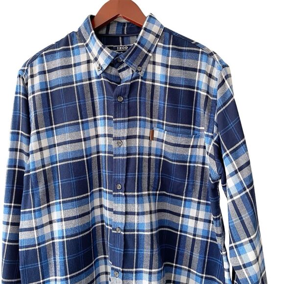 Izod Shirt Men's Large Flannel Blue Plaid Long Sleeve Button Up Pocket Peacoat - Picture 2 of 6
